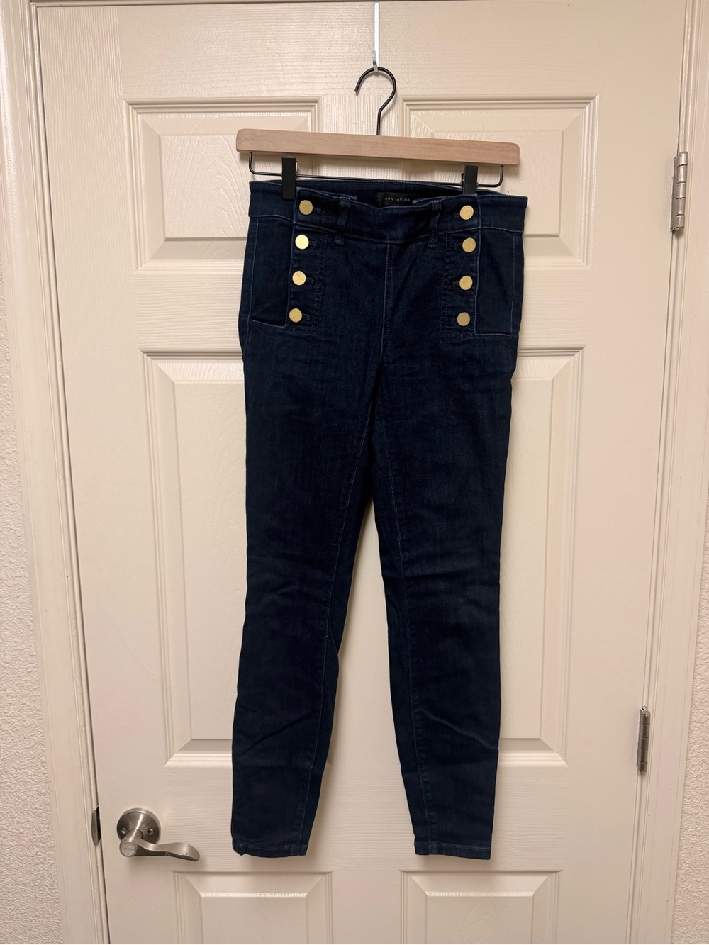 Ann Taylor Navy Skinny Jeans with Gold Buttons